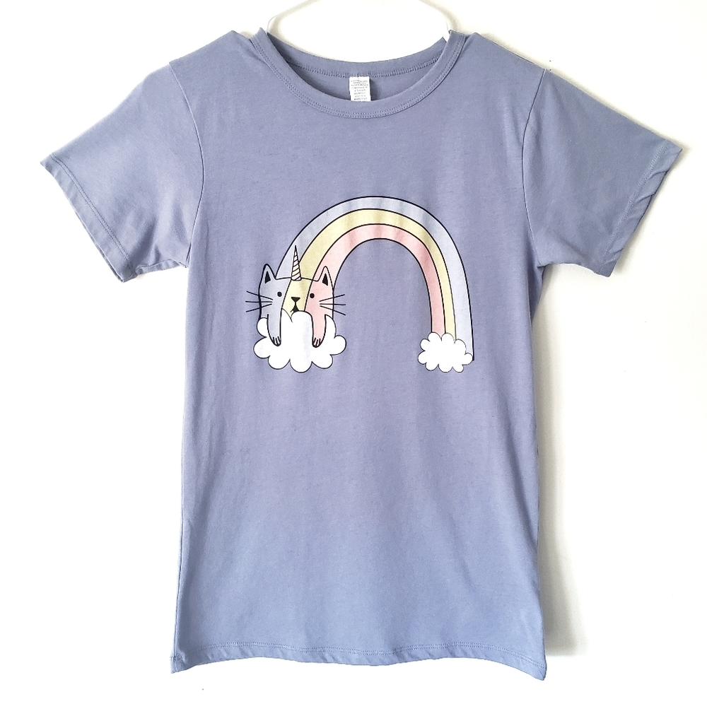 Unicorn Cat Rainbow Purple Short Sleeve Crew Neck Tee